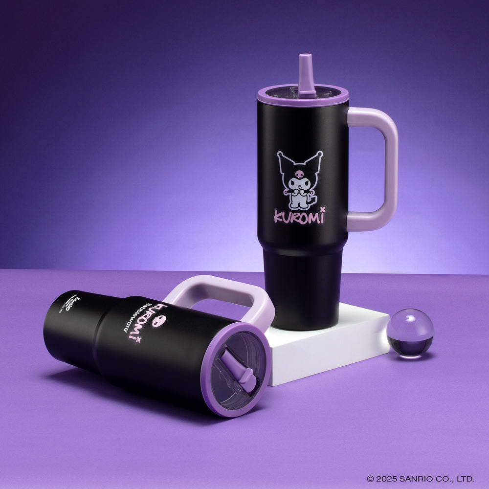 Black Bobbleware tumbler with pink accents featuring a Kuromi design on a purple background from The bento Buzz.