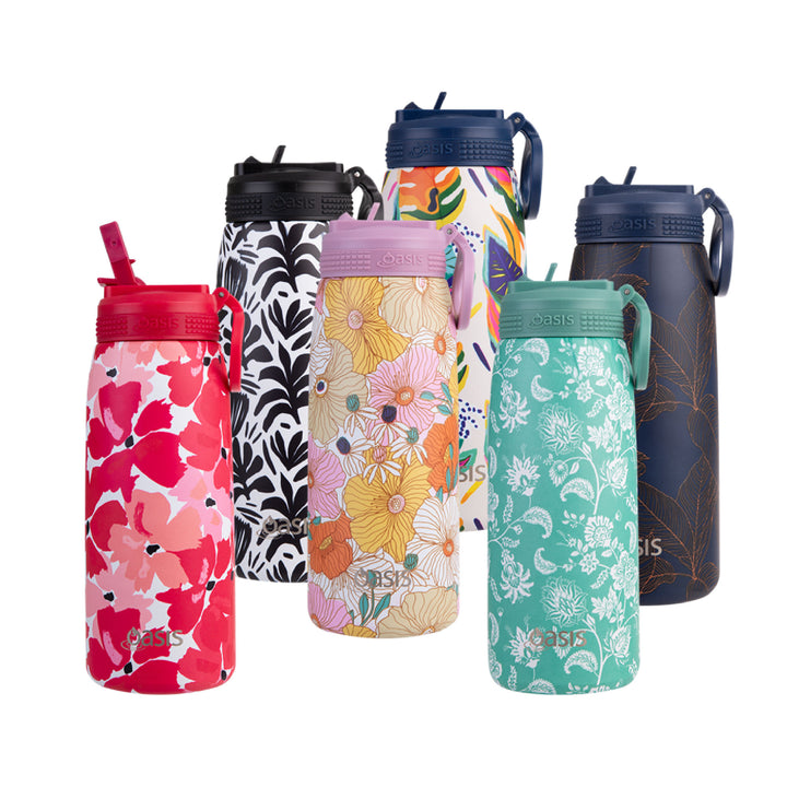 Oasis Insulated Sports Bottle with Sipper 780ml - Navy Leaves
