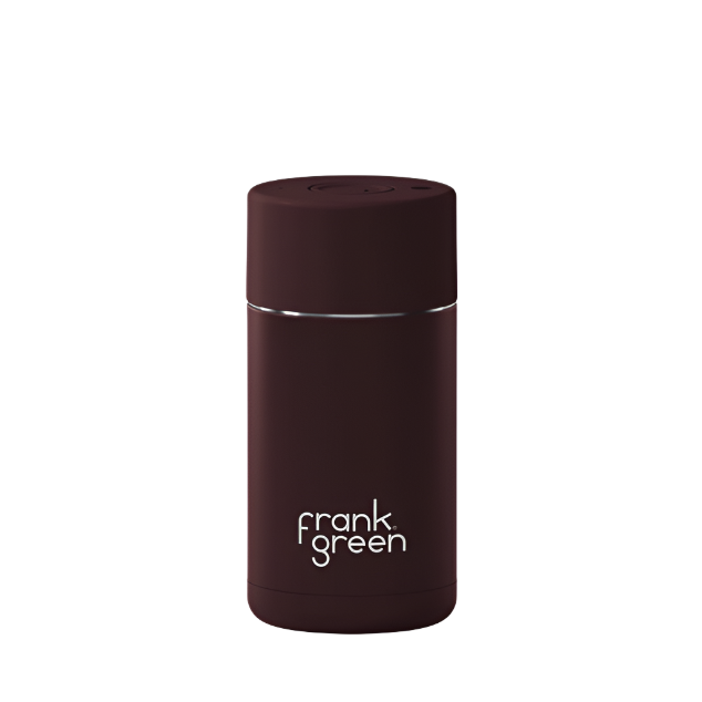 Dark brown reusable coffee cup with 'frank green' branding on a white background