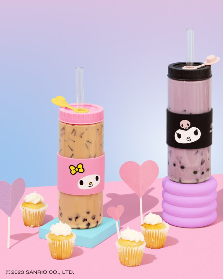 My Melody and Kuromi Bobblware tumbler with a pink and purple design on a colorful background with heart shapes and cupcakes.