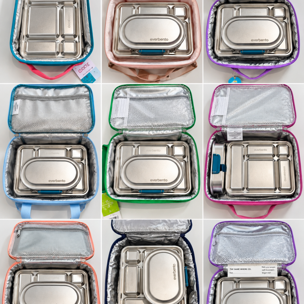 EverBento Classic Stainless Steel Bento and EverBento Snack Box fit test inside b.box, Kollab, Spencil, Sachi, MontiiCo, Fox & Fallow and The Somewhere Co insulated lunch bags.
