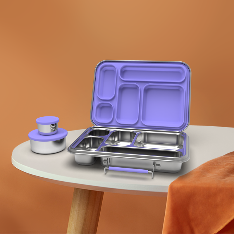 Stainless Steel 5 Compartment Bento With Leakproof Pots - Purple