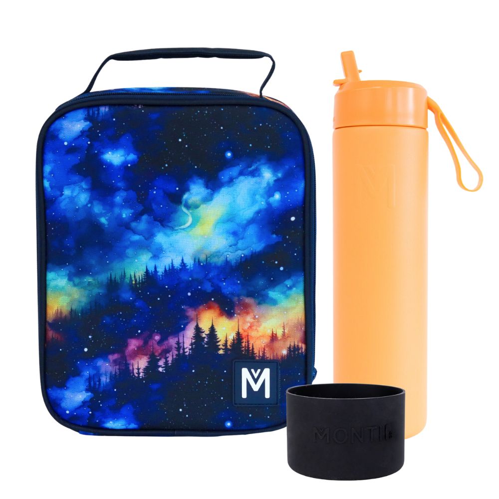 MontiiCo Large Lunch Bag & Sipper Bottle Bundle - Bonus Bumper! - Galaxy