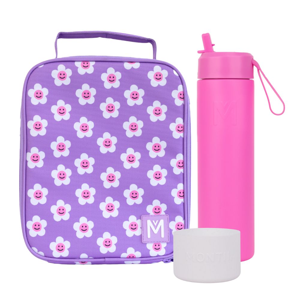 MontiiCo Large Lunch Bag & Sipper Bottle Bundle - Bonus Bumper! - Retro Daisy