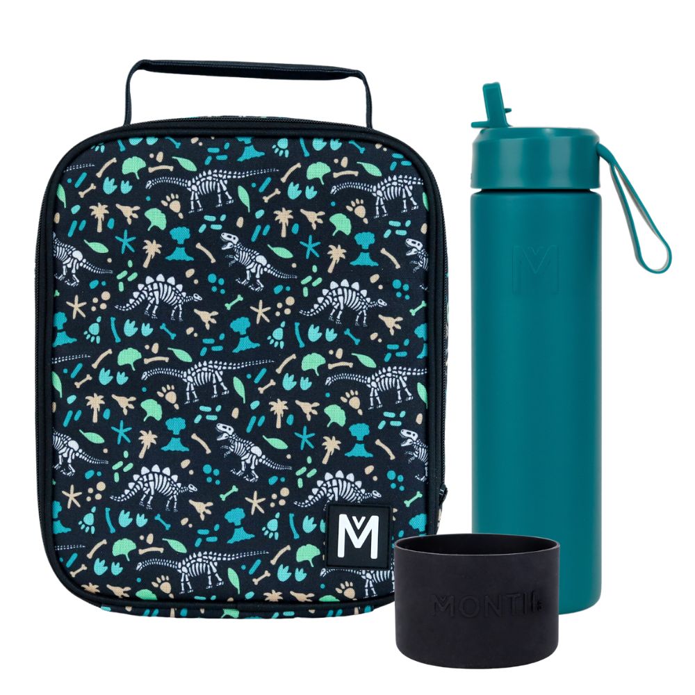 MontiiCo Large Lunch Bag & Sipper Bottle Bundle - Bonus Bumper! - Dinosaur Land Black