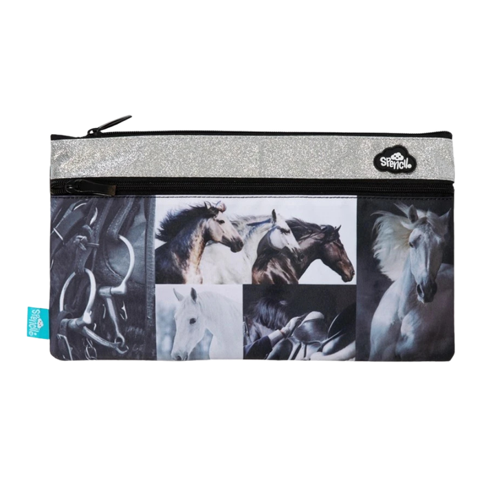 Spencil Twin Zip Pencil Case - Black & White Horses