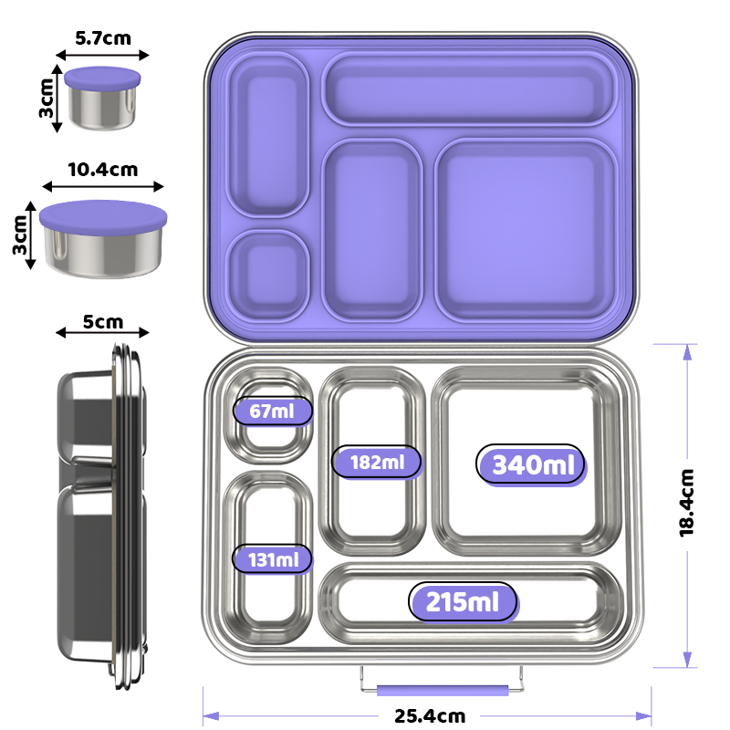 Stainless Steel 5 Compartment Bento With Leakproof Pots - Purple