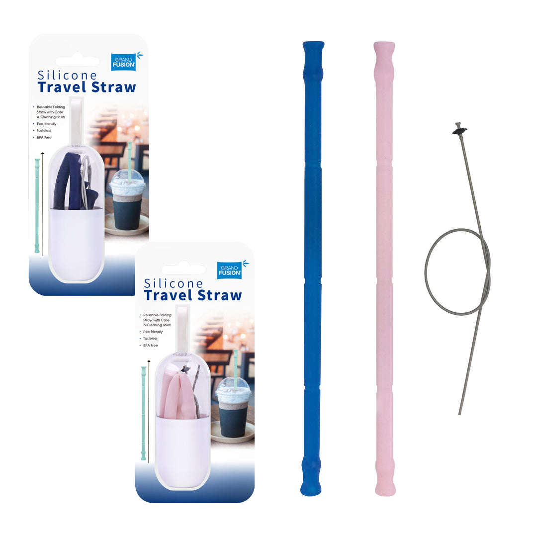 Silicone Travel Straw With Cleaner & Case - Assorted Colours