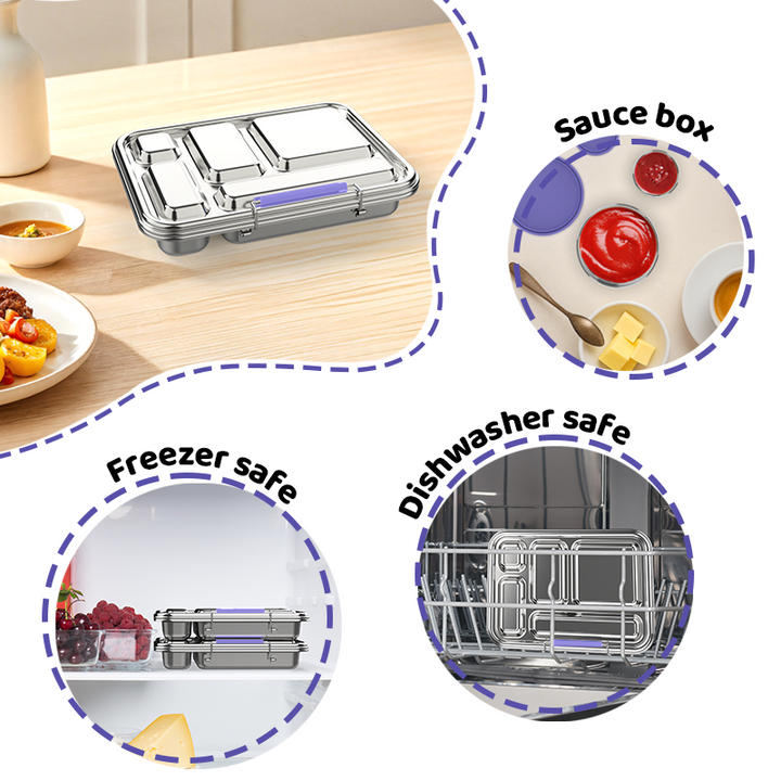 Stainless Steel 5 Compartment Bento With Leakproof Pots - Purple