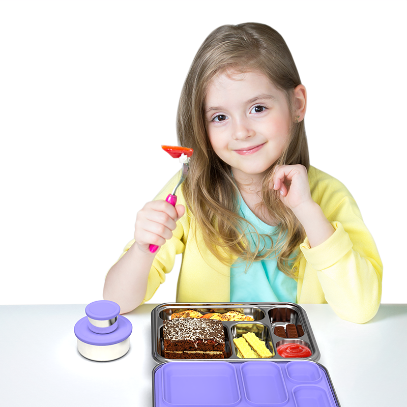 Stainless Steel 5 Compartment Bento With Leakproof Pots - Purple