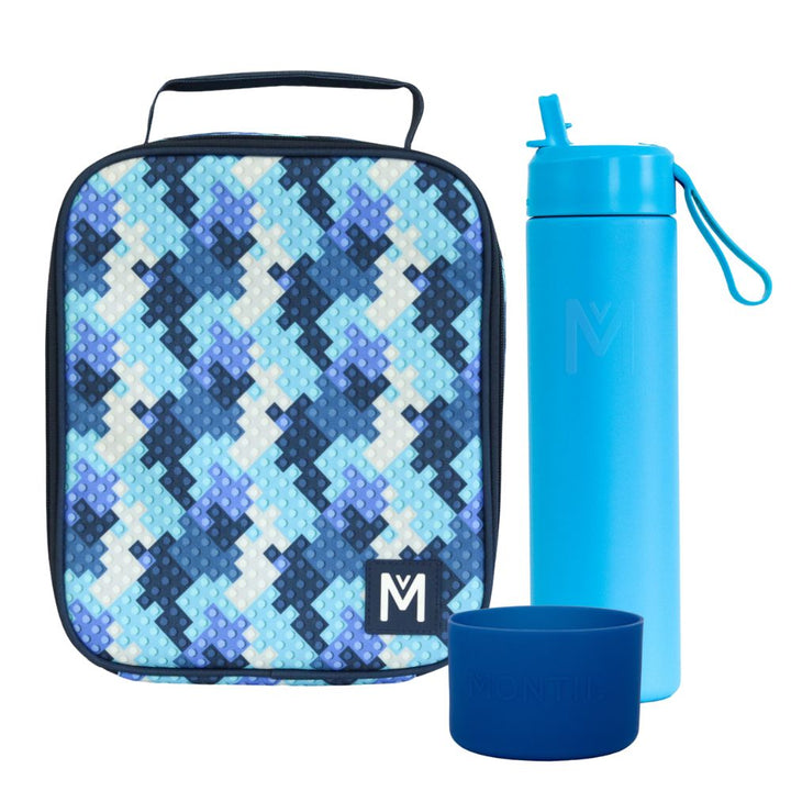 MontiiCo Large Lunch Bag & Sipper Bottle Bundle - Bonus Bumper! - Block Land