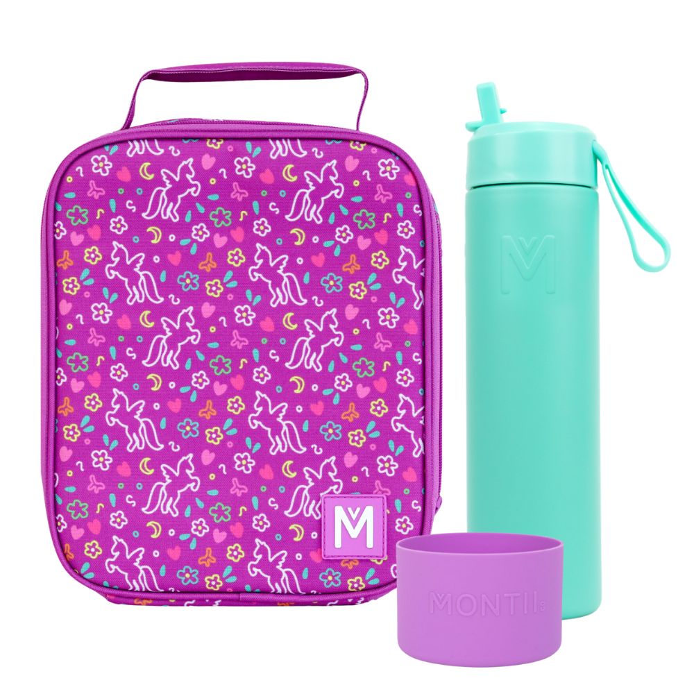 MontiiCo Large Lunch Bag & Sipper Bottle Bundle - Bonus Bumper! - Unicorn Magic Purple