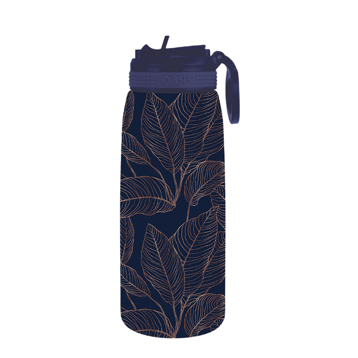 Oasis Insulated Sports Bottle with Sipper 780ml - Navy Leaves