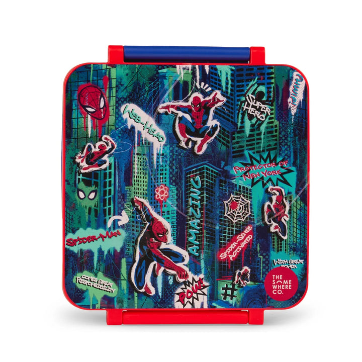 Spider-Man themed lunch box with colorful design on a white background