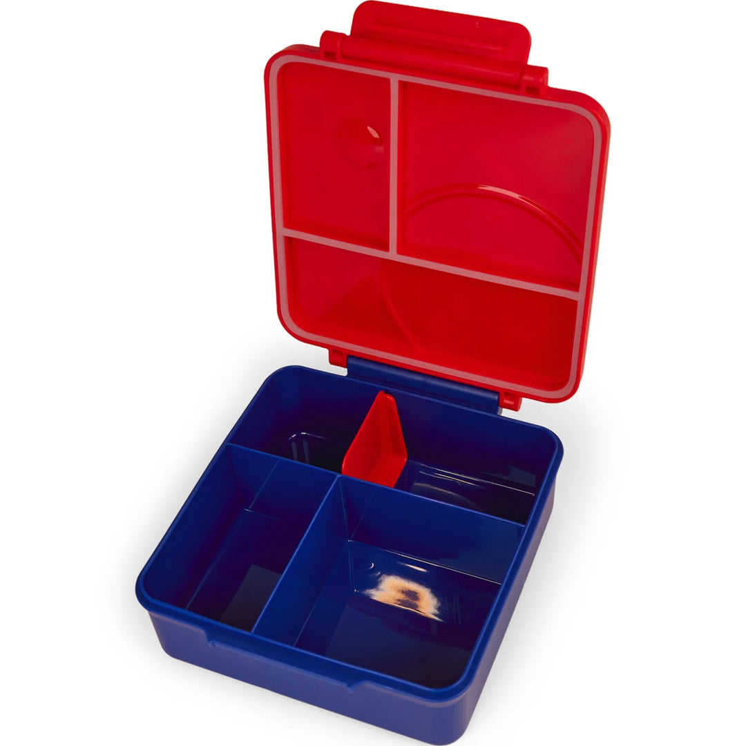 Red and blue compartmentalized storage box on a white background