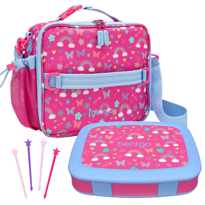 Bentgo Kids Lunchbox & Bag Bundle - Rainbows & Butterflies - BONUS STIX!