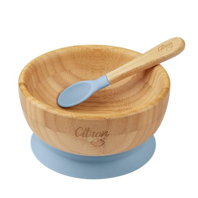 Citron Bamboo Suction Bowl & Spoon - Dusty Blue