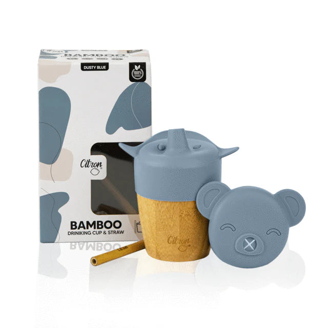 Citron Bamboo Cup With 2 Lids + Straw - Dusty Blue