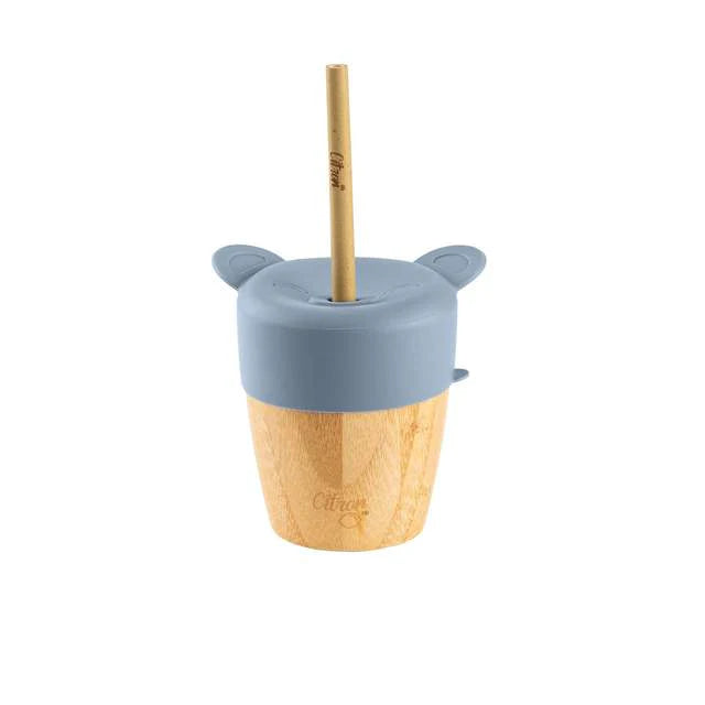 Citron Bamboo Cup With 2 Lids + Straw - Dusty Blue