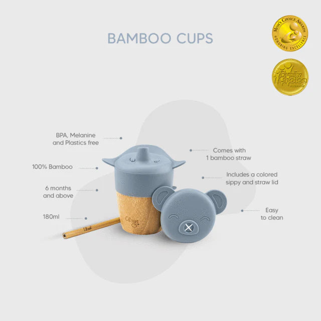 Citron Bamboo Cup With 2 Lids + Straw - Dusty Blue