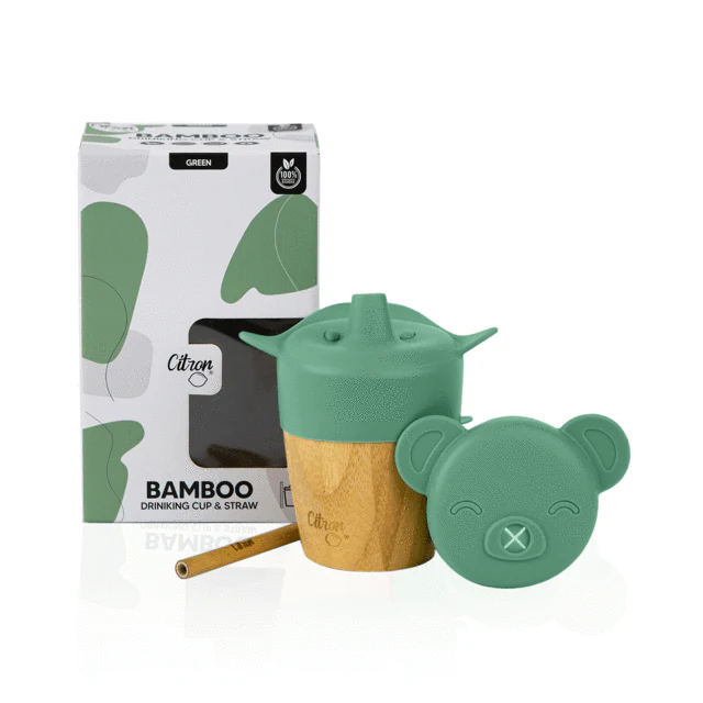 Citron Bamboo Cup With 2 Lids + Straw - Green