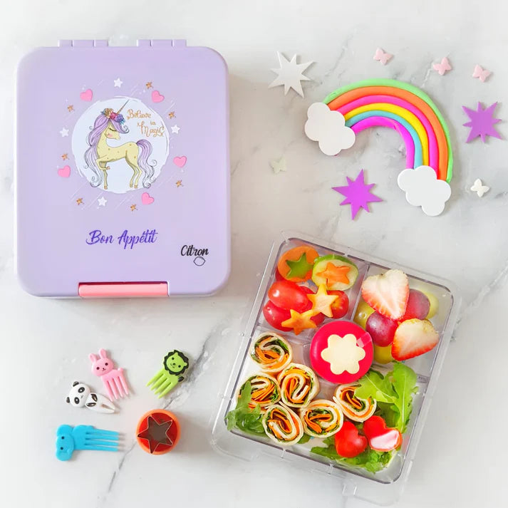 Citron Bento Snack Box With Sandwich Cutter + Picks - Purple Unicorn