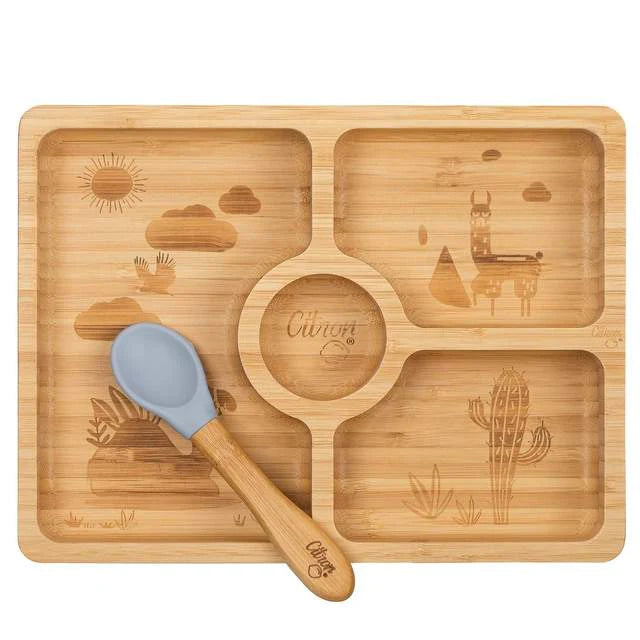 Citron Bamboo Divided Suction Plate & Spoon - Blue