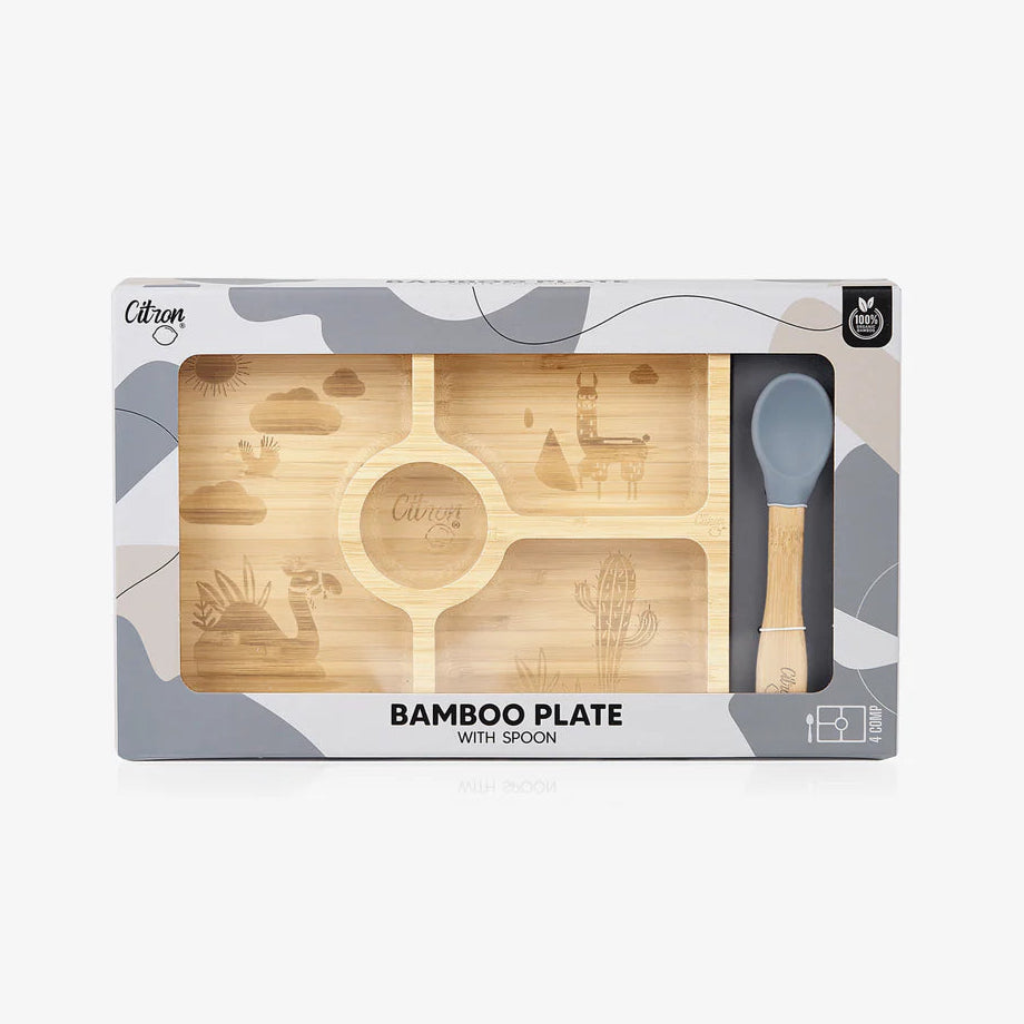 Citron Bamboo Divided Suction Plate & Spoon - Blue