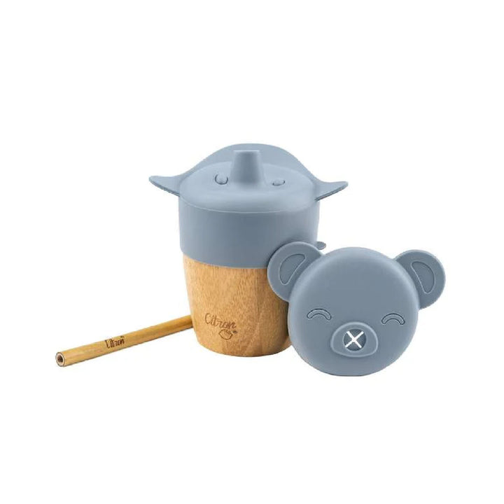 Citron Bamboo Cup With 2 Lids + Straw - Dusty Blue