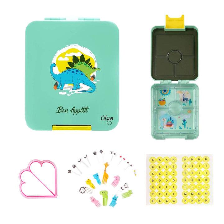 Citron Bento Snack Box With Sandwich Cutter + Picks - Green Dino