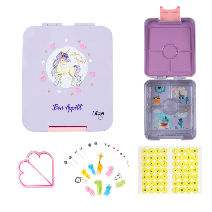 Citron Bento Snack Box With Sandwich Cutter + Picks - Purple Unicorn