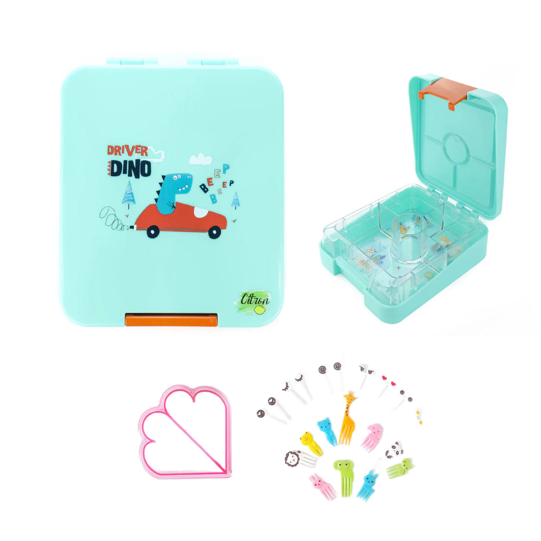 Citron Bento Snack Box With Sandwich Cutter + Picks - Turquoise Dino