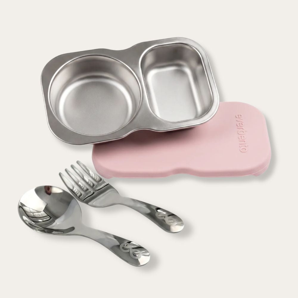EverBento Stainless Steel DipDuo + Cutlery Bundle - Posie Pink
