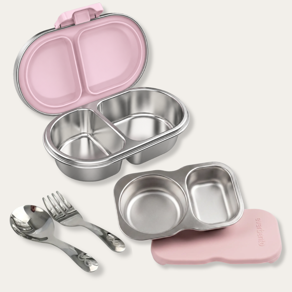 EverBento Stainless Steel Snack Box, DipDuo + Cutlery Bundle - Posie Pink
