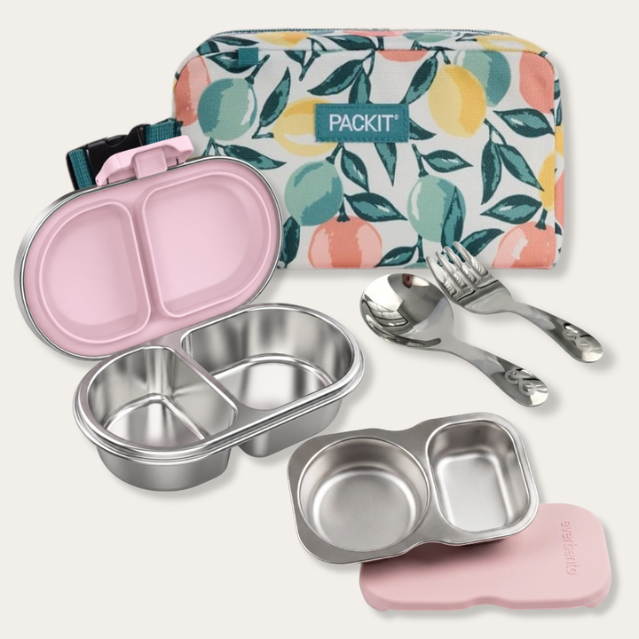 EverBento & PackIt Stainless Steel Snack Bundle - Posie/Citrus Orchid