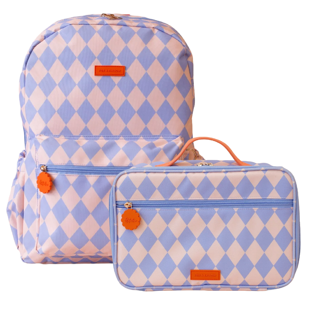 Fox & Fallow Large Insulated Lunch Bag + Backpack Bundle - Blue Diamonds