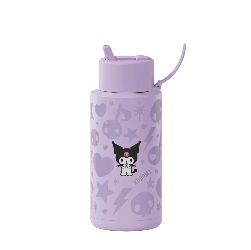 Purple water bottle with cartoon character and symbols on a white background