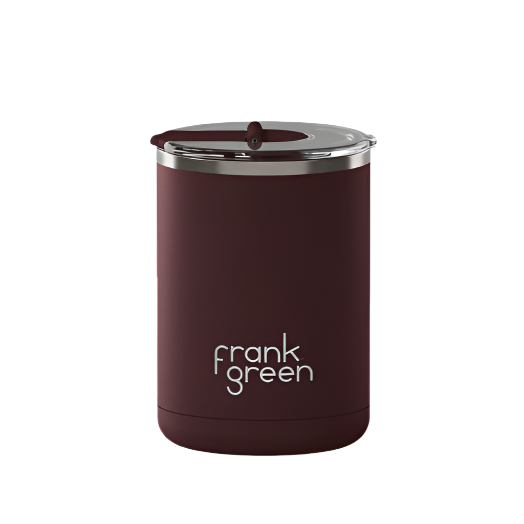Chocolate Brown reusable cup with 'frank green' branding on a white background