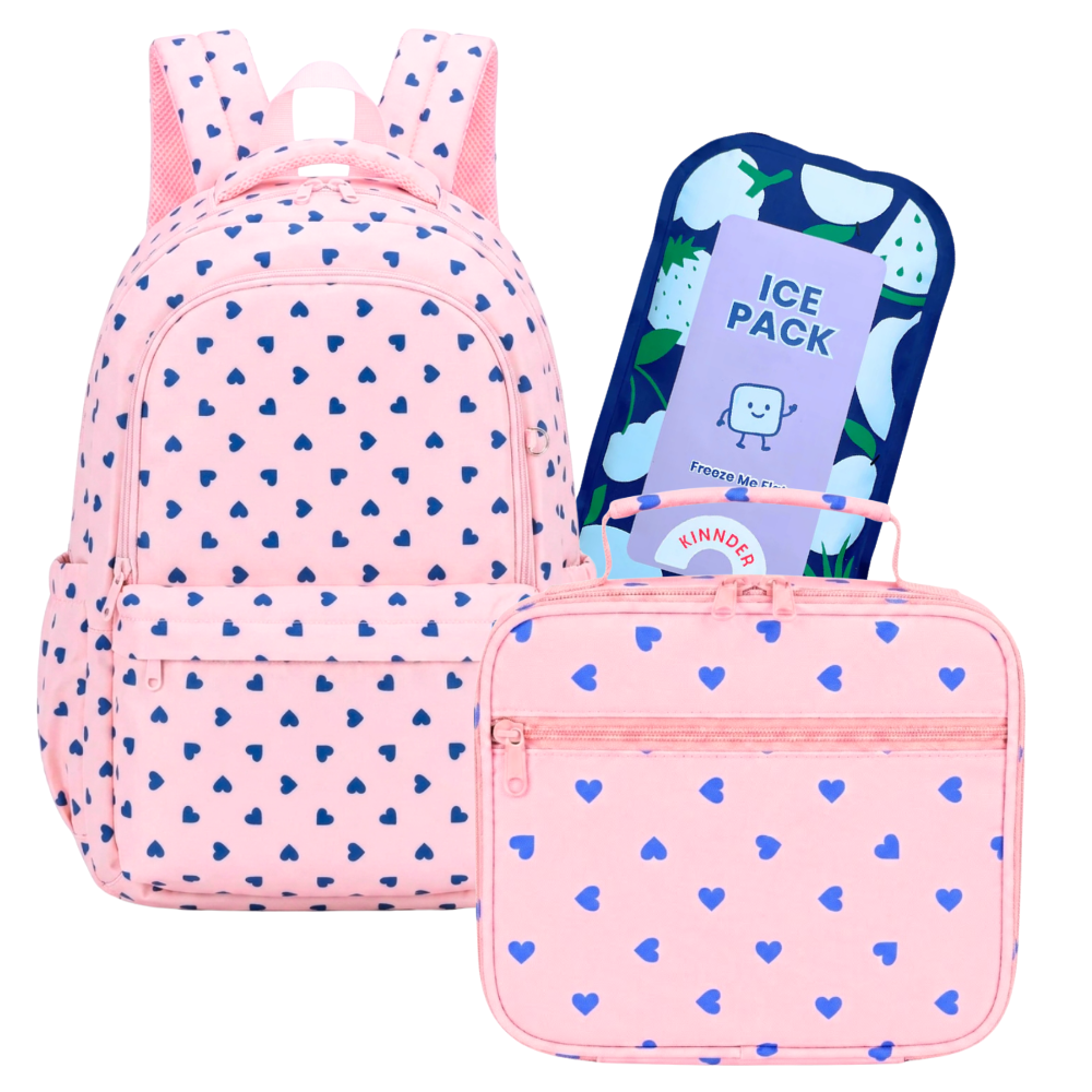 Kinnder Campus/Junior Backpack + Insulated Lunch Bag + Ice Pack Bundle - Sweet Hearts