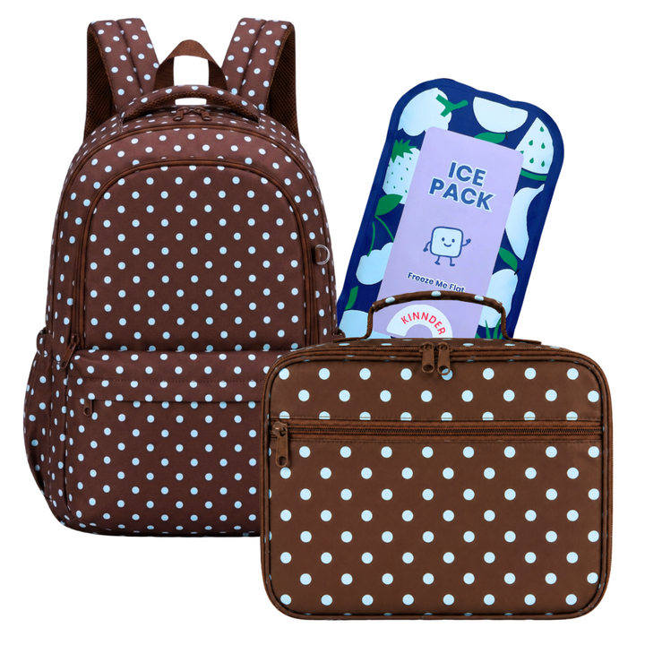 Kinnder Campus/Junior Backpack + Insulated Lunch Bag + Ice Pack Bundle - Polka Dots