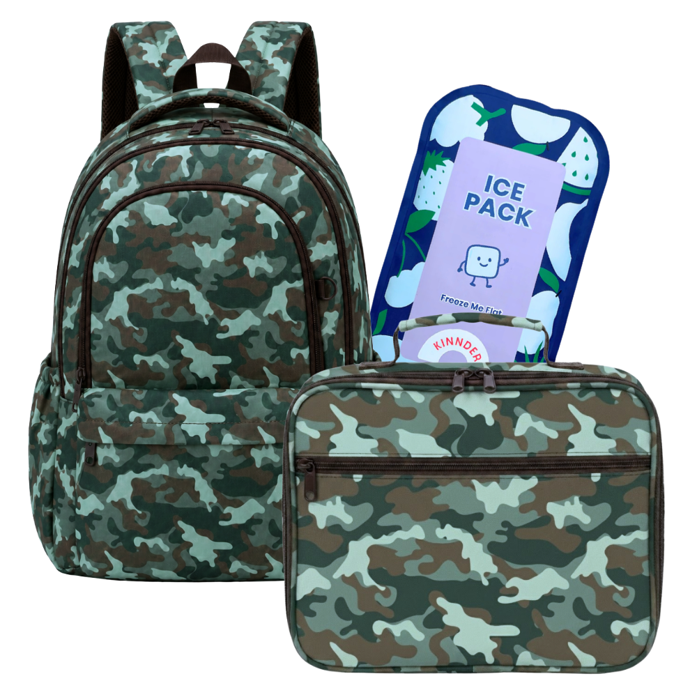 Kinnder Campus/Junior Backpack + Insulated Lunch Bag + Ice Pack Bundle - Camo