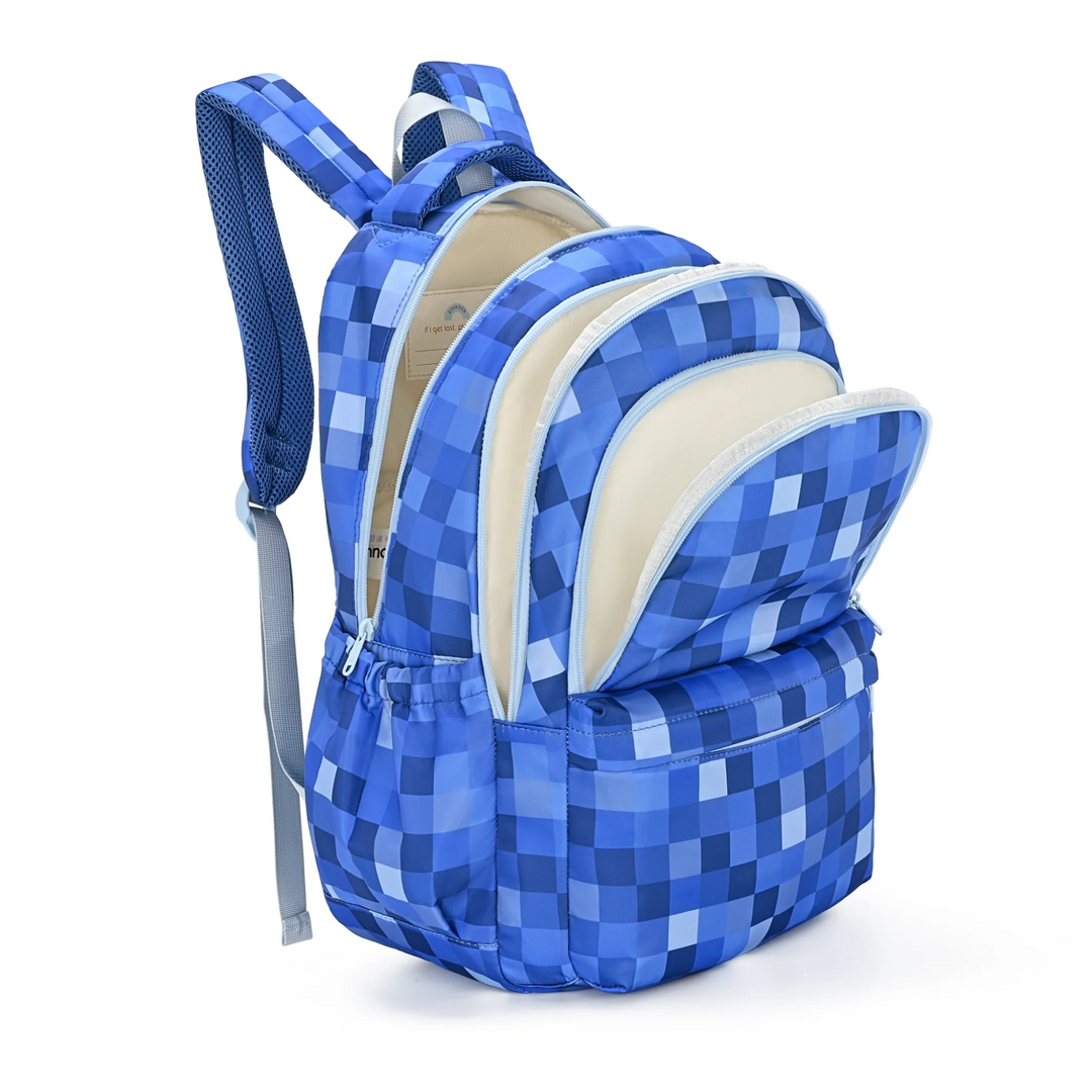 Kinnder Campus/Junior Backpack + Insulated Lunch Bag + Ice Pack Bundle - Blue Pixel