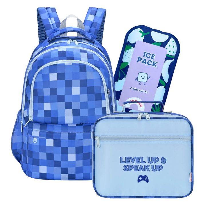 Kinnder Campus/Junior Backpack + Insulated Lunch Bag + Ice Pack Bundle - Blue Pixel