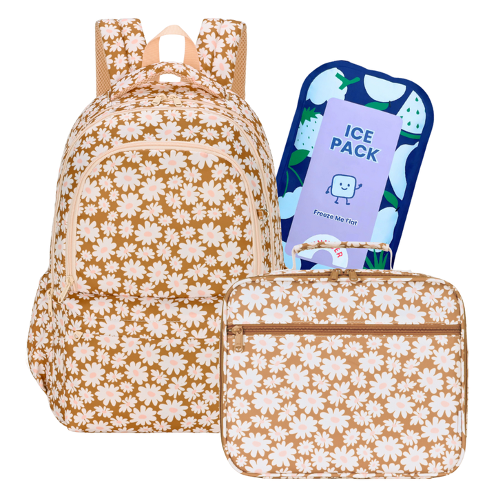 Kinnder Campus/Junior Backpack + Insulated Lunch Bag + Ice Pack Bundle - Bloom Tan