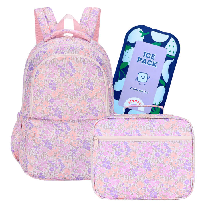 Kinnder Campus/Junior Backpack + Insulated Lunch Bag + Ice Pack Bundle - Blossom