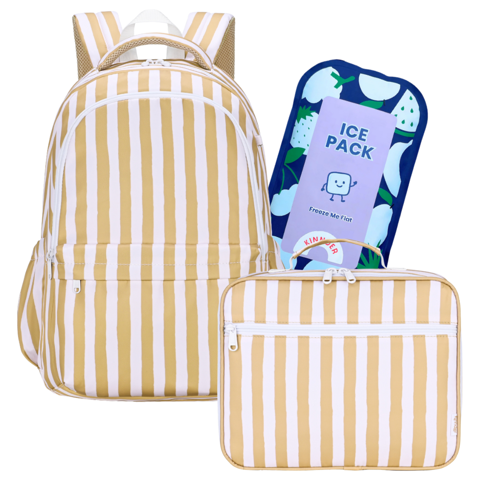 Kinnder Campus/Junior Backpack + Insulated Lunch Bag + Ice Pack Bundle - Mustard Stripe