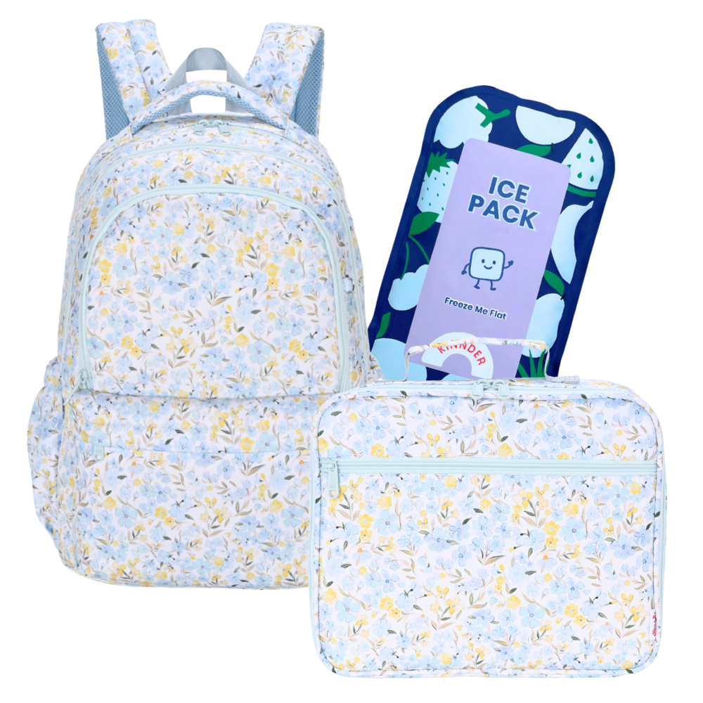Kinnder Campus/Junior Backpack + Insulated Lunch Bag + Ice Pack Bundle - Posies