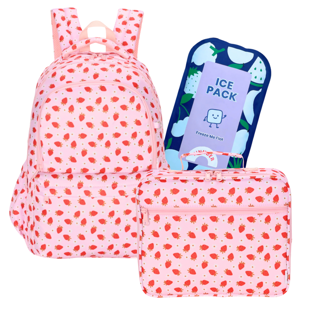 Kinnder Campus/Junior Backpack + Insulated Lunch Bag + Ice Pack Bundle - Strawberry Fields