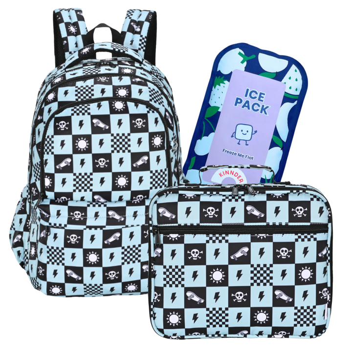 Kinnder Campus/Junior Backpack + Insulated Lunch Bag + Ice Pack Bundle - Skate Squad