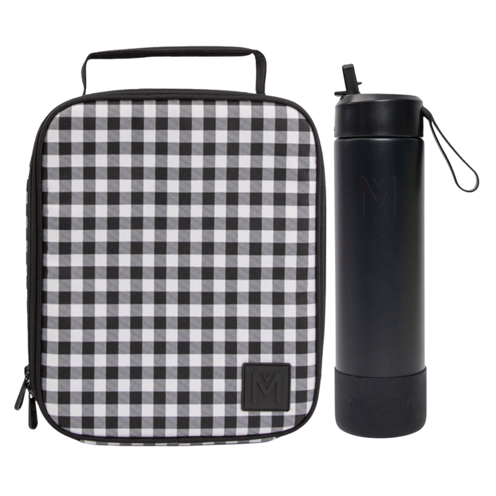 MontiiCo Large Lunch Bag & Sipper Bottle Bundle - Black Gingham